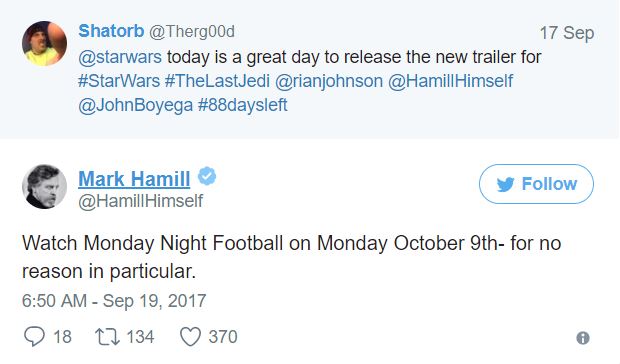 tweet mark hamill the last jedi trailer