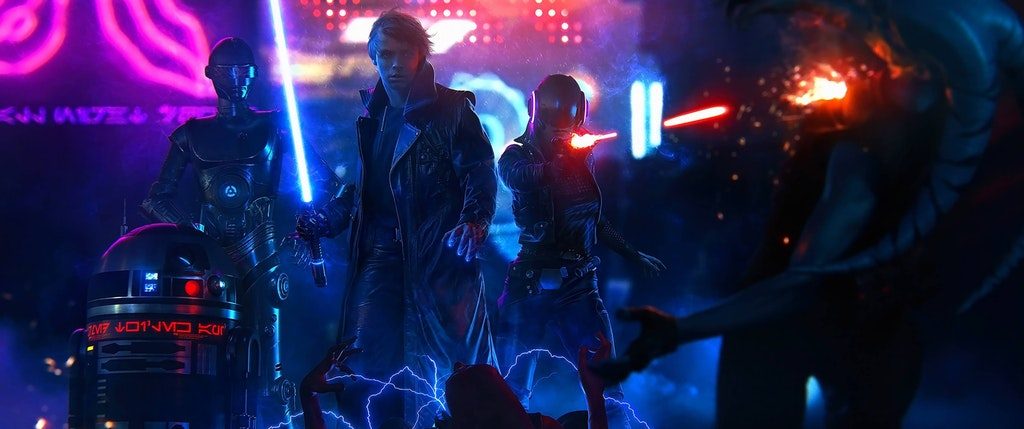 star wars cyberpunk artwork luke skywalker droidi